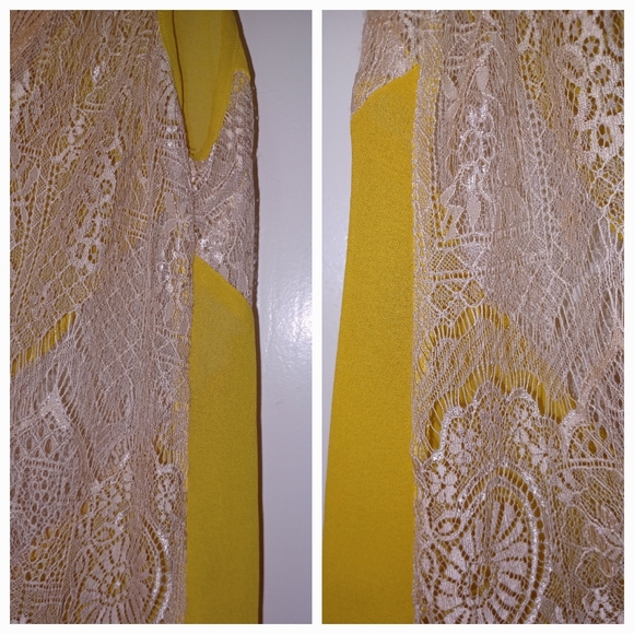 Jealous Tomato S Yellow Cream Lace Panels Hi-lo Button Slvls Collar Sheer Blouse - Picture 4 of 16